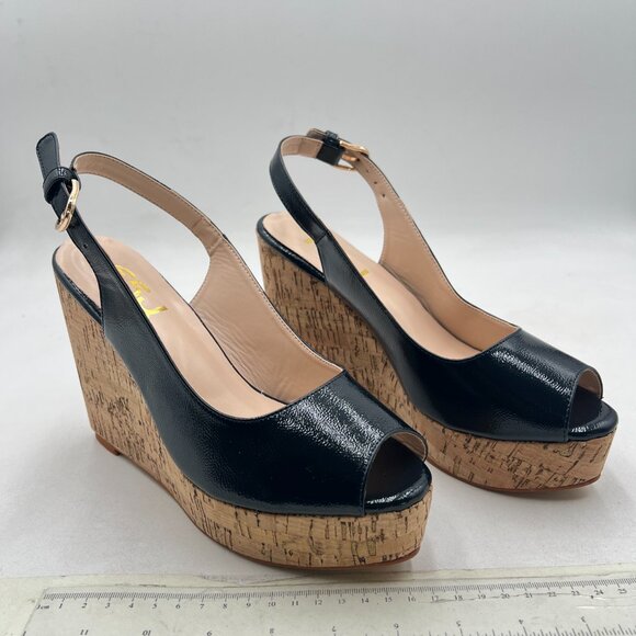 FSJ Black Peep Toe High Heel Wedge Sandals Slip on Cork Slingback Platform Pump - Picture 4 of 8